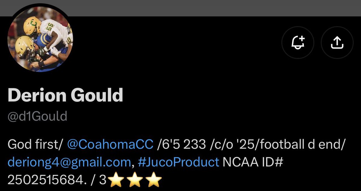 DGouldnf3c's tweet photo. TO EVERYONE FOLLOWING MY OLD ACCOUNT, IT WAS HACKED. THIS IS MY NEW ONE! @oc7888 @_CoachCBlair @JUCOFFrenzy @JuCoFootballACE https://t.co/TvfrDgvoU3