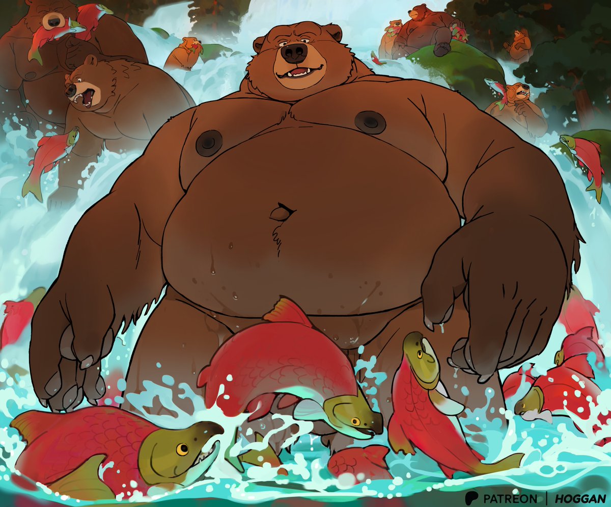 barnyardhog's tweet photo. Salmon run. 
For fat bear week 🐻  
The spicy version is also available on my P4tr30n if you want to remove that particular fish ! https://t.co/0emt2VV43Y