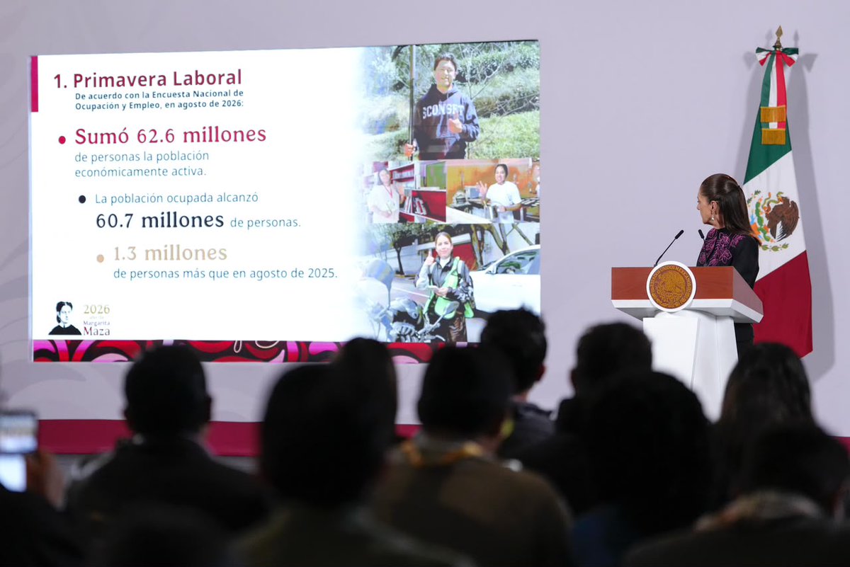 OliviaSalomonV's tweet photo. Hoy, en la #MañaneraDelPueblo, la presidenta @Claudiashein abordó tres temas clave: protección ante fenómenos naturales, derechos laborales y mejores condiciones para quienes trabajan en el campo. 🇲🇽

🌧️El Gobierno de México mantiene coordinación con Baja California Sur ante el posible impacto del huracán, con monitoreo permanente, refugios temporales y medidas preventivas en municipios como Comondú, Mulegé y Loreto. La Presidenta llamó a mantenerse atentos a la información oficial y seguir las indicaciones de Protección Civil.

👷‍♀️Más derechos para las y los trabajadores. La @STPS_mx informó que 60.7 millones de personas están ocupadas en México, 1.3 millones más que hace un año, y que continúa la ruta para reducir gradualmente la jornada laboral de 48 a 40 horas semanales rumbo a 2030, sin disminuir salarios ni prestaciones.

🌾Protección para trabajadores agrícolas. Avanza el Certificado Laboral para la Agroexportación, que busca garantizar seguridad social y mejores condiciones laborales a quienes participan en cadenas de exportación, vinculando productividad, derechos y responsabilidad ambiental.