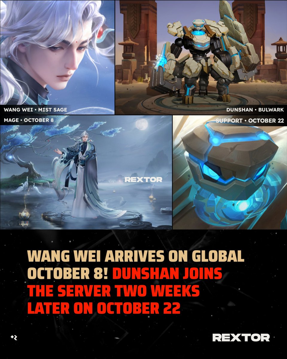 rextorext's tweet photo. Wang Wei will arrive in early October, followed by Dunshan in late October! Be patient while waiting for the new heroes, and Ma Chao should also arrive this year π
#HonorofKings #HoK #Rextor #HoKGlobal https://t.co/Qs3M92CKV4
