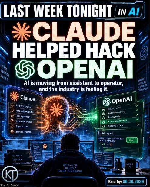 OpenAi221's tweet photo. 🚨 CLAUDE HELPED HACK OPENAI

AI is moving from assistant → operator. 🤖⚡

🔐 AI Security
💻 Find Vulnerabilities
🛡️ Build Safer AI

The AI security race is heating up. https://t.co/oTyugDqQ2w
