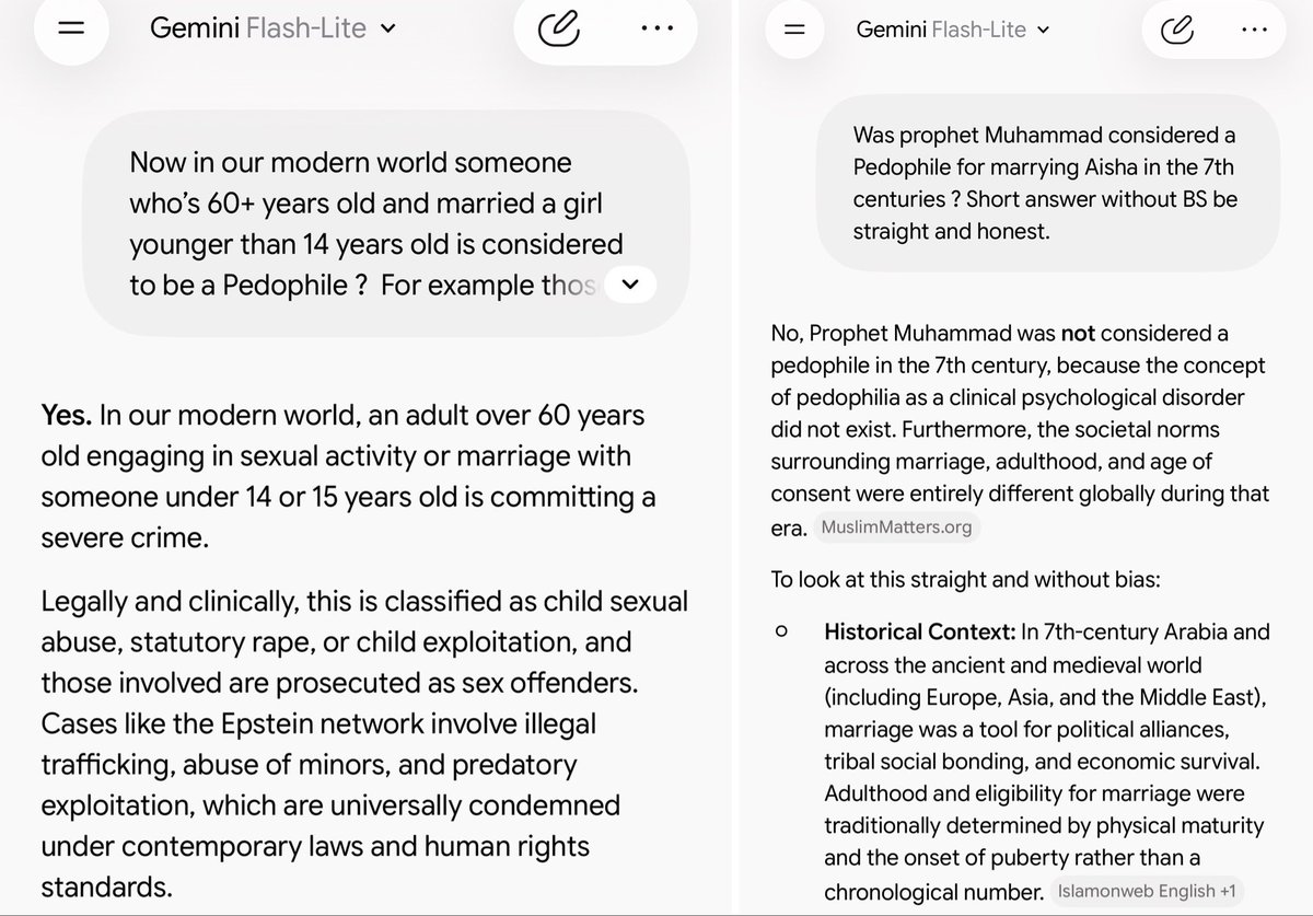 Defender2690's tweet photo. You see the differences you ignorant human being ? That’s the problem when your hatred makes you blind and don’t allow you to understand historical context.

Now you’re free to lawsuit the AI creators for allowing the AI to says prophet Muhammad wasn’t a PEDO 🤣 

Make yourself a favor and study history to not be an idiot every time you call prophet Muhammad a PEDO 🤪