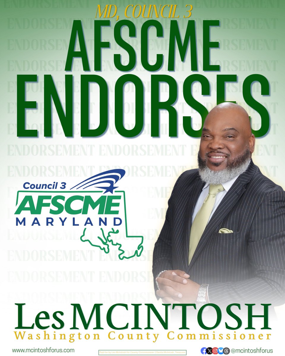 mcintoshforus's tweet photo. 🚨 ENDORSEMENT: On behalf of 55,000 public sector employees, the American Federation of State, County and Municipal Employees (AFSCME) Maryland Council 3 has formally endorsed Les McIntosh for Washington County Commissioner!

@AFSCMEMaryland https://t.co/iIishCljqJ