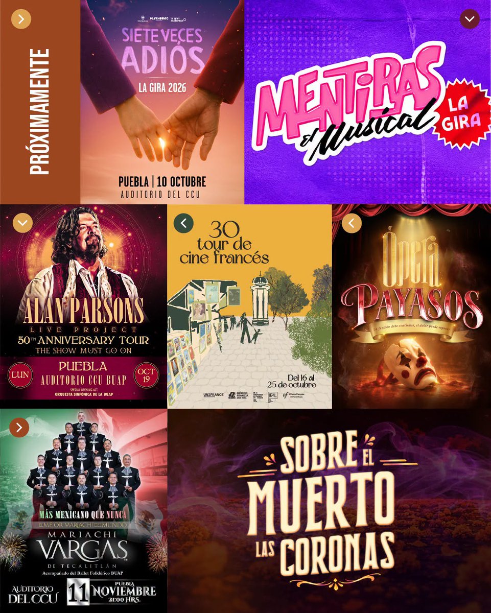 CCUBUAP's tweet photo. ☀️ Una semana, muchas formas de vivir el #CCU.
Desliza, descubre nuestra cartelera y cuéntanos: ¿qué plan vas a elegir esta semana? 🎞️
#CCUBUAP #SomosGrandesPorqueSomosHistoria #CarteleraCCU #CulturaBUAP https://t.co/8zHRFguTaq