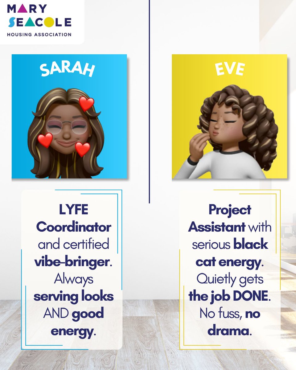 MarySeacoleHA's tweet photo. 👀 Which Mary Seacole staff member are you?

💡 Big ideas
🎨 Creative energy
💗 Caring vibes
🐈‍⬛ Quiet productivity
👗 Fashion &amp; good vibes
😂 Quirky humour

Which one sounds most like you? 👇

#MarySeacoleHousing #MSHA https://t.co/vijZ5FCeD8