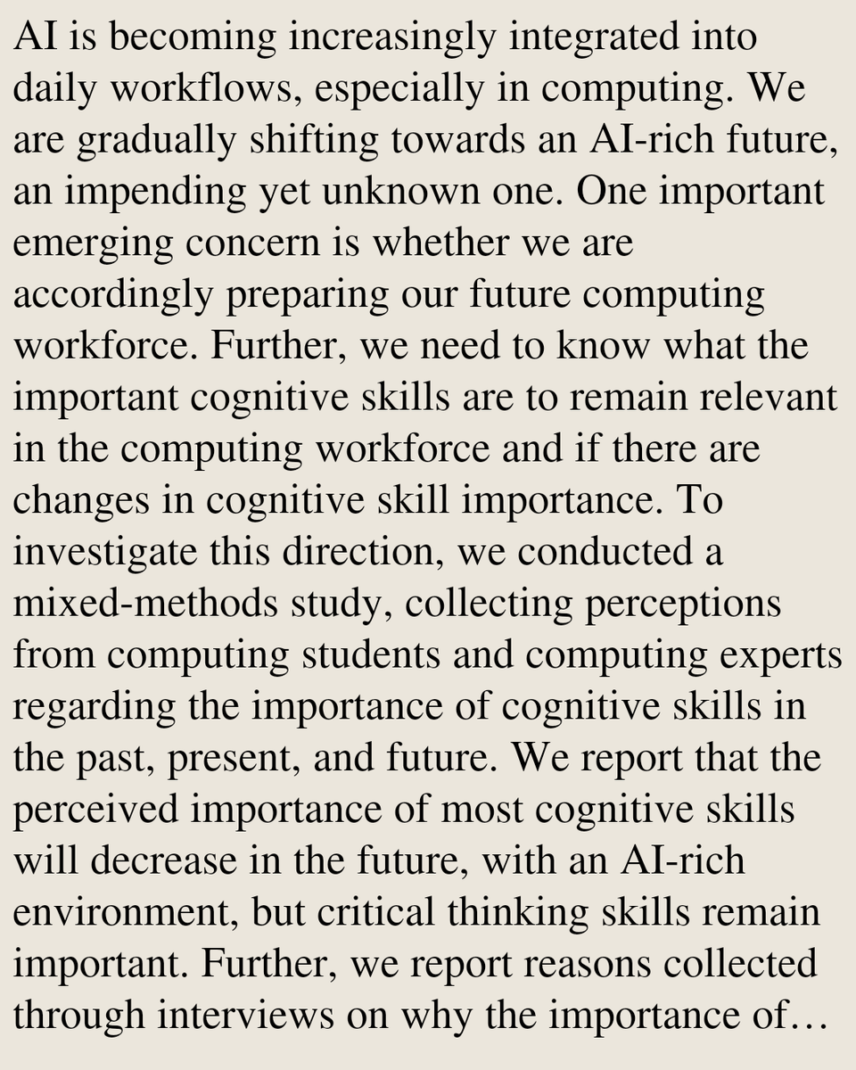 Smartphones's tweet photo. Cognitive Skills in the Age of AI: Computing Students and Experts Perceptions

Neha Rani, Vu Minh Anh Le, Austin M. Spangler, Erta Cenko
https://t.co/d8qIqdoz0b [𝚌𝚜.𝙷𝙲 𝚌𝚜.𝙰𝙸]
💬Accepted at the 26th IEEE International Conference on Advanced Learning Technologies, 2026 https://t.co/jALY8lxSfk