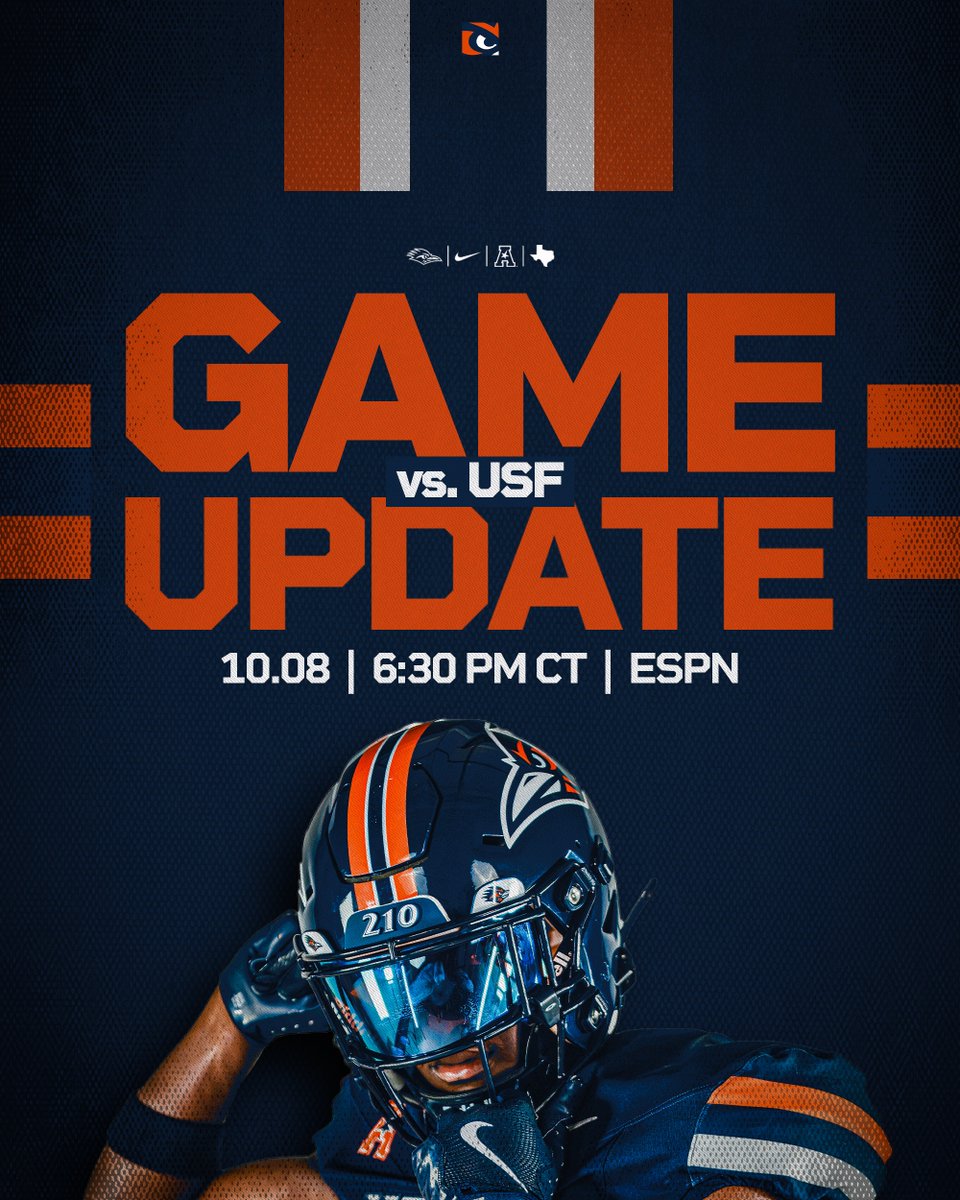 UTSAFTBL's tweet photo. UTSA's home game vs. South Florida on Thursday, Oct. 8, will be televised nationally on ESPN at 6:30 p.m. at the Alamodome.
📰 https://t.co/EkP3sOsesr
#210TriangleOfToughness | #BirdsUp 🤙 https://t.co/rMShq2TphY