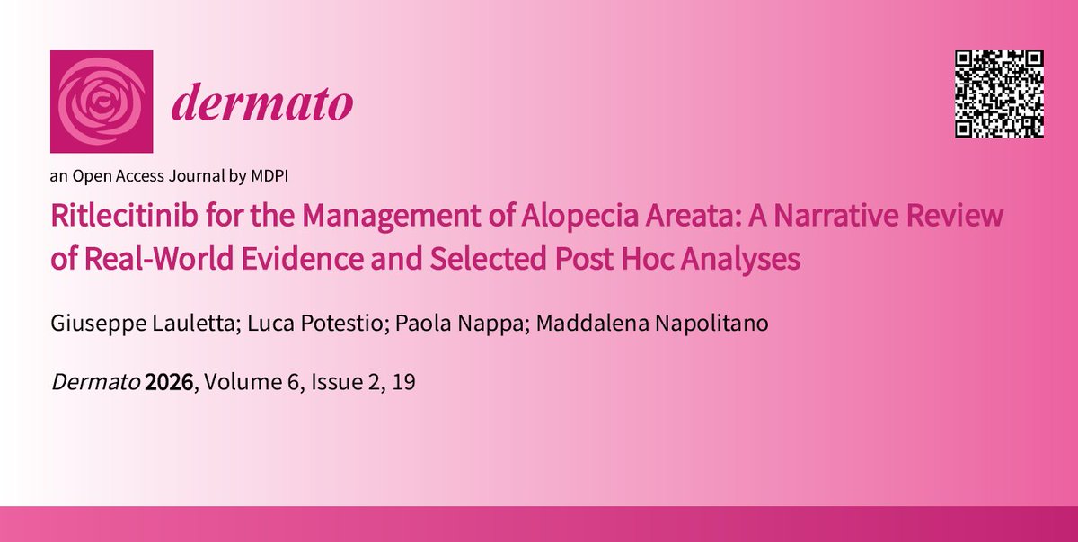 mdpi_dermato's tweet photo. 🩺🔬 Read in #DermatoMDPI:

"Ritlecitinib for the Management of Alopecia Areata: A Narrative Review of Real-World Evidence and Selected Post Hoc Analyses"

By Giuseppe Lauletta et al.

📖 https://t.co/B9aio3q6nn

#AlopeciaAreata #Dermatology #HairLoss #Ritlecitinib #JAKInhibitors https://t.co/ZDOW65GjWV