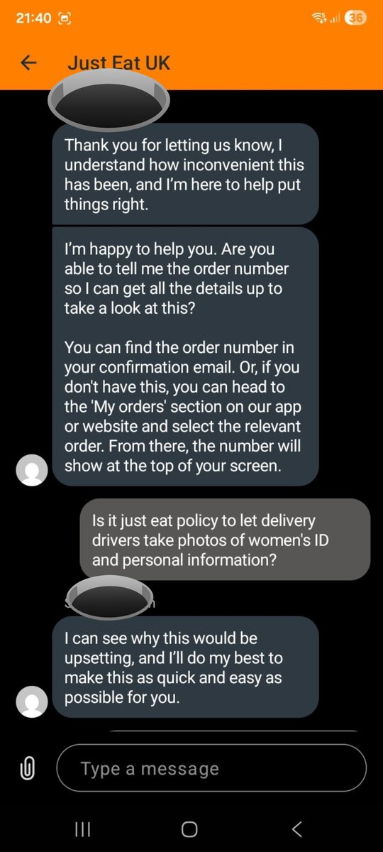 ActivePatriotUK's tweet photo. 🚨 Sent in by a follower happened in Grimsby last night 👇🏻 

A lone woman in grimsby with kids in bed ordered from just eats last night and the foreign delivery driver refused to give her order unless she let him take a picture of her passport or drivers license

Really sinister and creepy, women need to be warned not to let these men take photos of their ID. They're not allowed to do that. That personal information could be used in a bad way