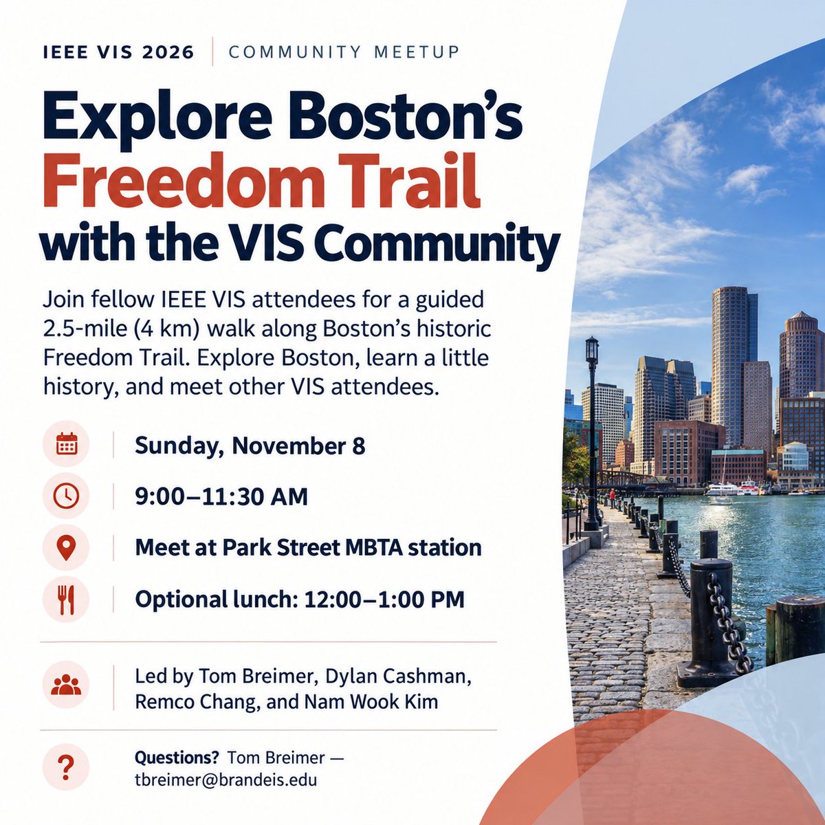 ieeevis's tweet photo. Explore Boston’s Freedom Trail with the IEEE VIS community! 🚶🏽‍♀️🍂

Join us on Sunday, Nov. 8, 9:00–11:30 AM for a guided walk through Boston’s history, followed by an optional lunch.

📍 Meet at Park Street MBTA station
🔗 Sign up here: https://t.co/xcfnAiAqu5 https://t.co/TQkgFU6bjb