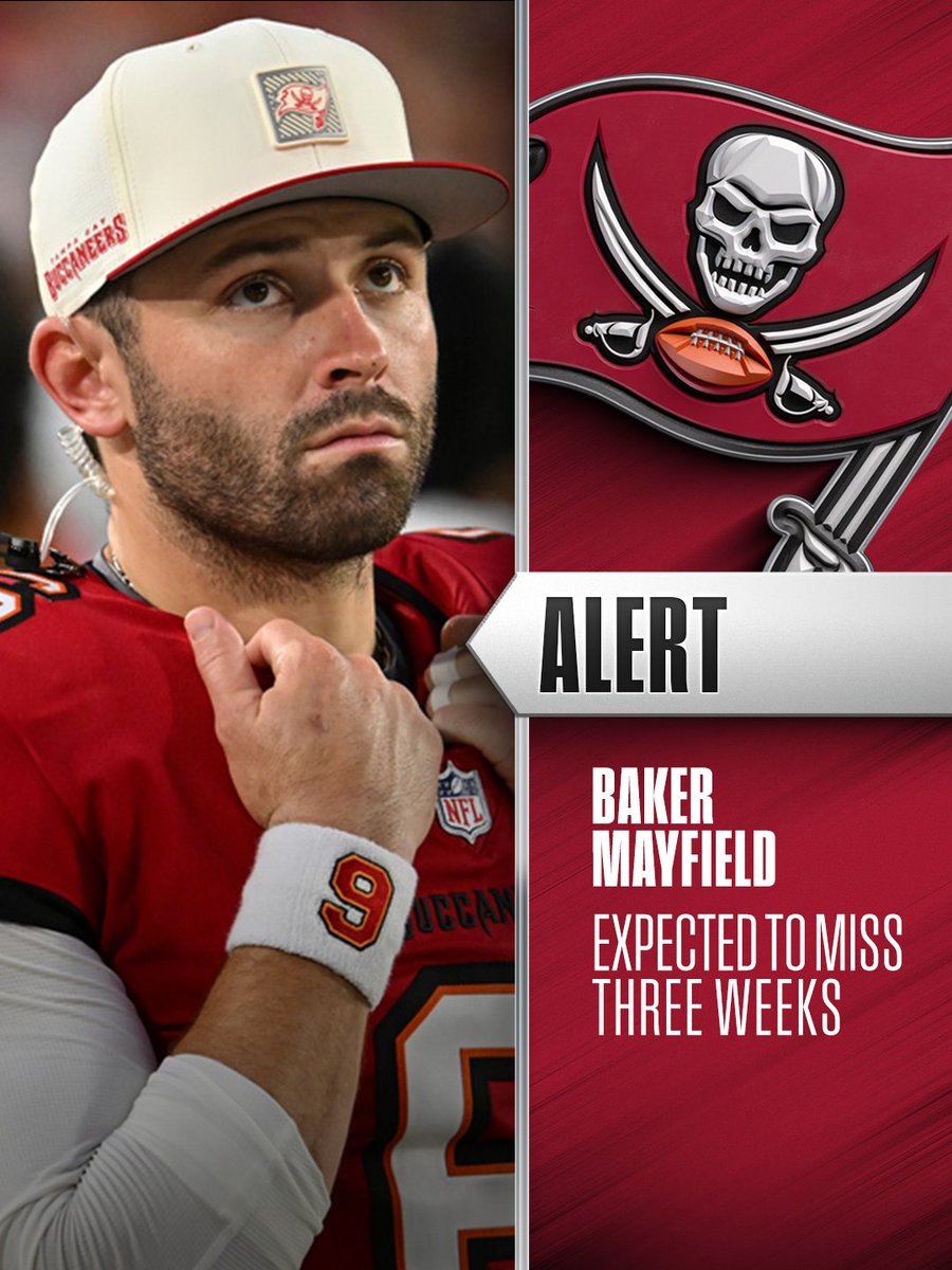 Buccaneers QB Baker Mayfield (thumb) out at least three weeks, per HC Todd Bowles. 
 [📷](https://pbs.twimg.com/media/HTUVwcAaQAAVsOk.jpg) https://pbs.twimg.com