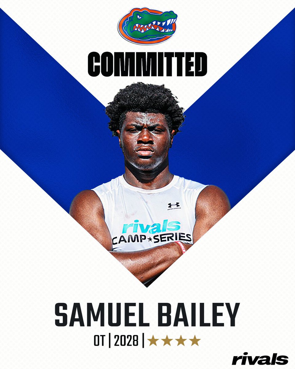 Rivals's tweet photo. 🚨BREAKING🚨 Elite OT Samuel Bailey has committed to Florida, @ChadSimmons_ reports🐊

Bailey ranks No. 23 NATL. (No. 4 OT) in the 2028 class.

Read: https://t.co/Km7428F1QT https://t.co/FbbVbO3EV0