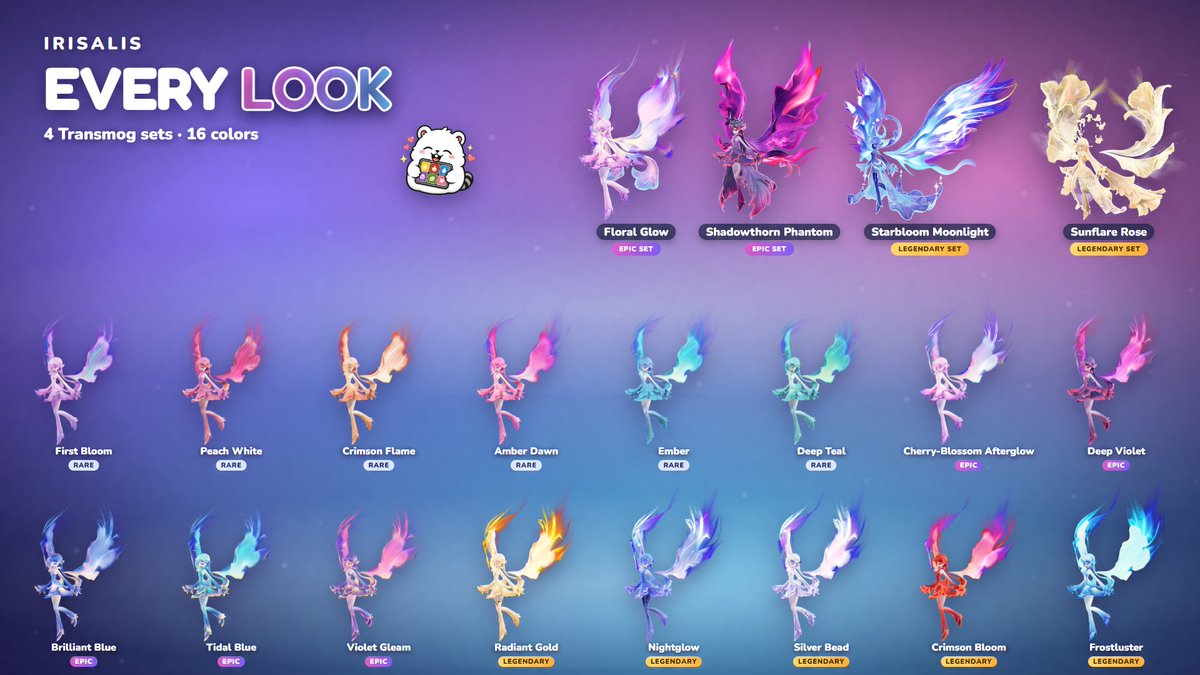 irissia06's tweet photo. Every Irisalis color in Aniimo! Her 4 Transmog sets, then all 16 colors: 6 Rare, 5 Epic, 5 Legendary (0.65% each, guaranteed within 62 rolls).

Odds and locks: https://t.co/nACXmey0VK

#Aniimo #Irisalis https://t.co/8CkXjGuC3n
