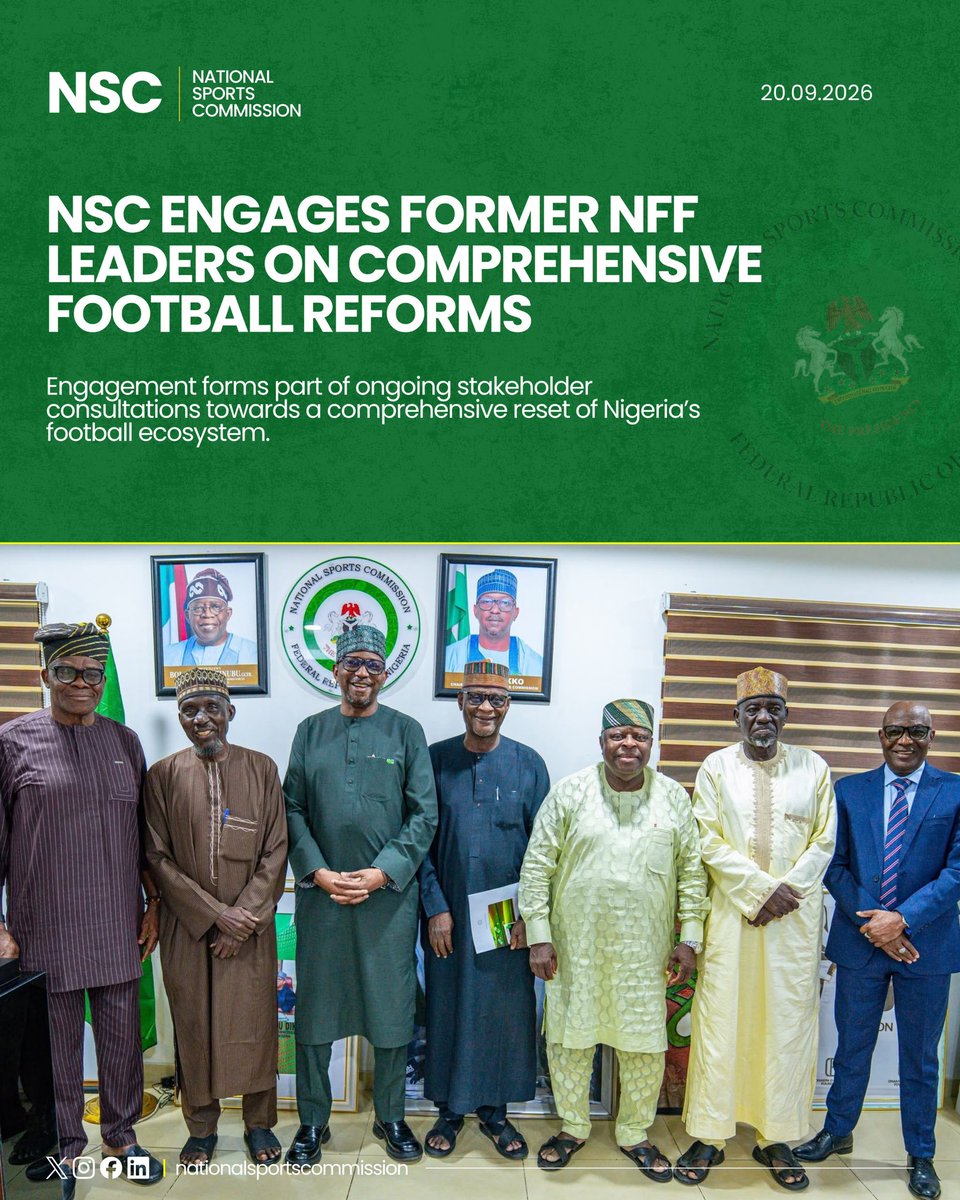 NatSportsComm's tweet photo. 🇳🇬 UPDATE: The Chairman of the National Sports Commission @ShehuDikko hosted former NFF Presidents and General Secretaries at the NSC Headquarters  as stakeholder consultations continue on the proposed comprehensive reforms of Nigerian football.

Those in attendance include former NFF President Alhaji Aminu Maigari, Former General Secretaries Tijjani Yusuf, Sani Toro, Fanny Amin, Bolaji Ojo Oba, and Musa Amadu’s 

The meeting provided a platform for the former Senior  football administrators to share their experience, perspectives and ideas on strengthening football governance, administration and development.

Participants who supported the proposed reforms expressed their alignment with the need for comprehensive changes and reset of Nigeria Football and commended President @officialABAT GCFR for the unprecedented support for football and indeed sports development.

The NSC continues to engage stakeholders as it works towards a stronger and more sustainable Nigerian football ecosystem.
.
#NSC #NationalSportsCommission #RHINSE