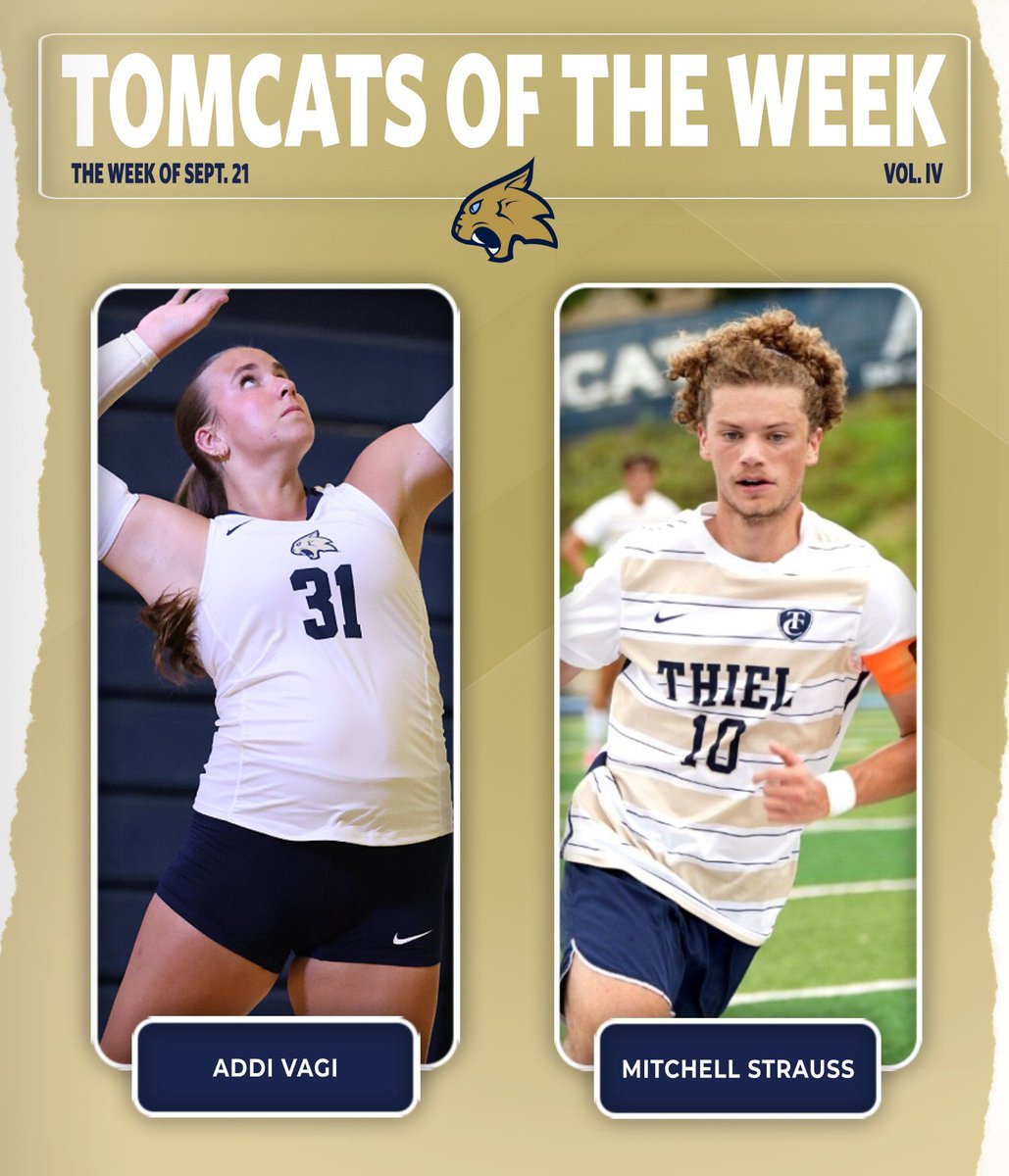 ThielAthletics's tweet photo. 🎖️𝗧𝗢𝗠𝗖𝗔𝗧𝗦 𝗢𝗙 𝗧𝗛𝗘 𝗪𝗘𝗘𝗞🎖️

𝗔𝗱𝗱𝗶 𝗩𝗮𝗴𝗶 logged a double-double in a PAC win vs. Waynesburg while 𝗠𝗶𝘁𝗰𝗵𝗲𝗹𝗹 𝗦𝘁𝗿𝗮𝘂𝘀𝘀 netted a free-kick goal &amp; assisted on the GWG in a 2-1 W vs. Bethany!

🔗https://t.co/pyT9oqW3vF

#TomcatPride | @PAC_Athletics https://t.co/pLq5RQHs5d