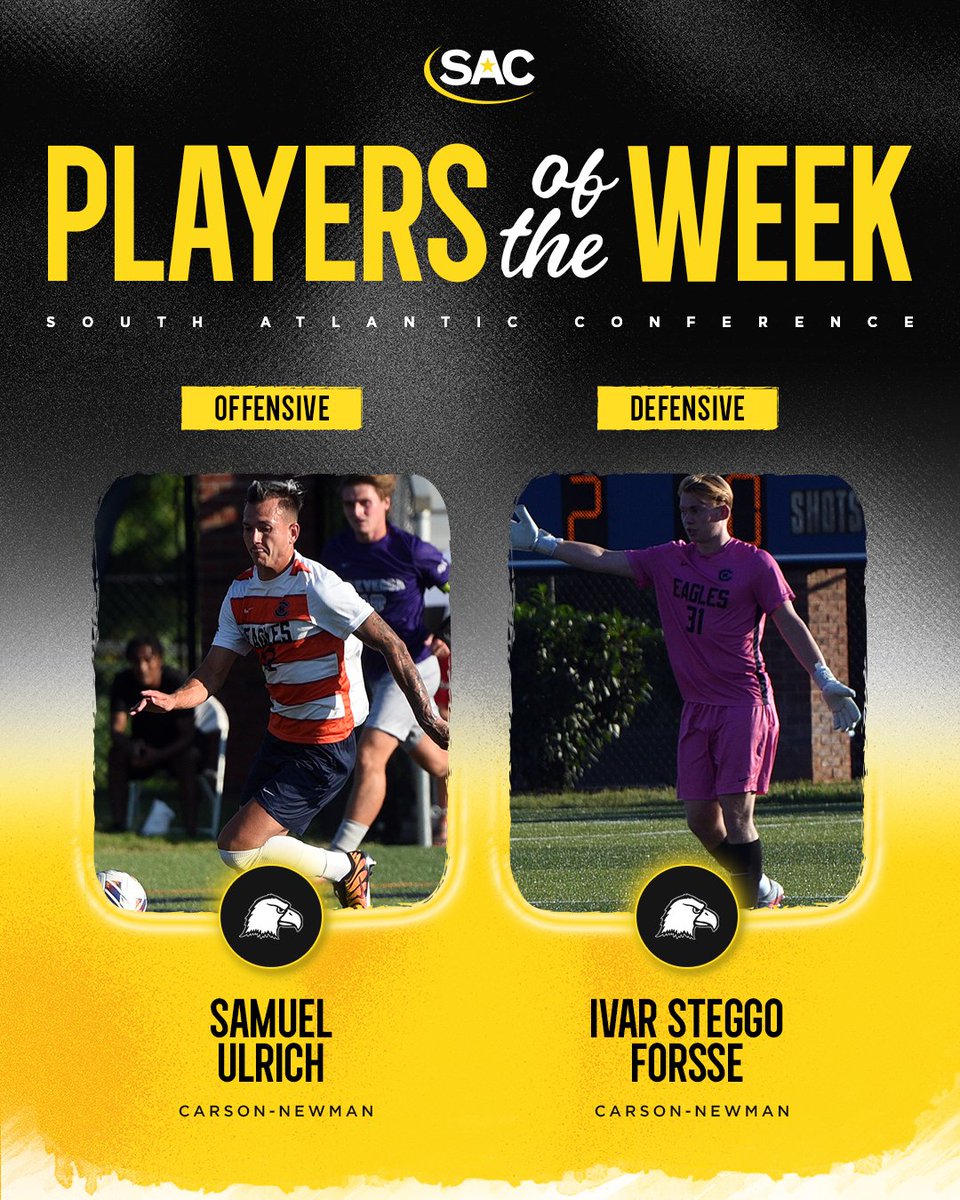 SAC_Athletics's tweet photo. ⚽ SAC Men’s Soccer Players of the Week

It's a @CN_Eagles sweep!

⚡ Offensive — Samuel Ulrich
🧤 Defensive — Ivar Steggo Forsse https://t.co/Vz2giLu1ur