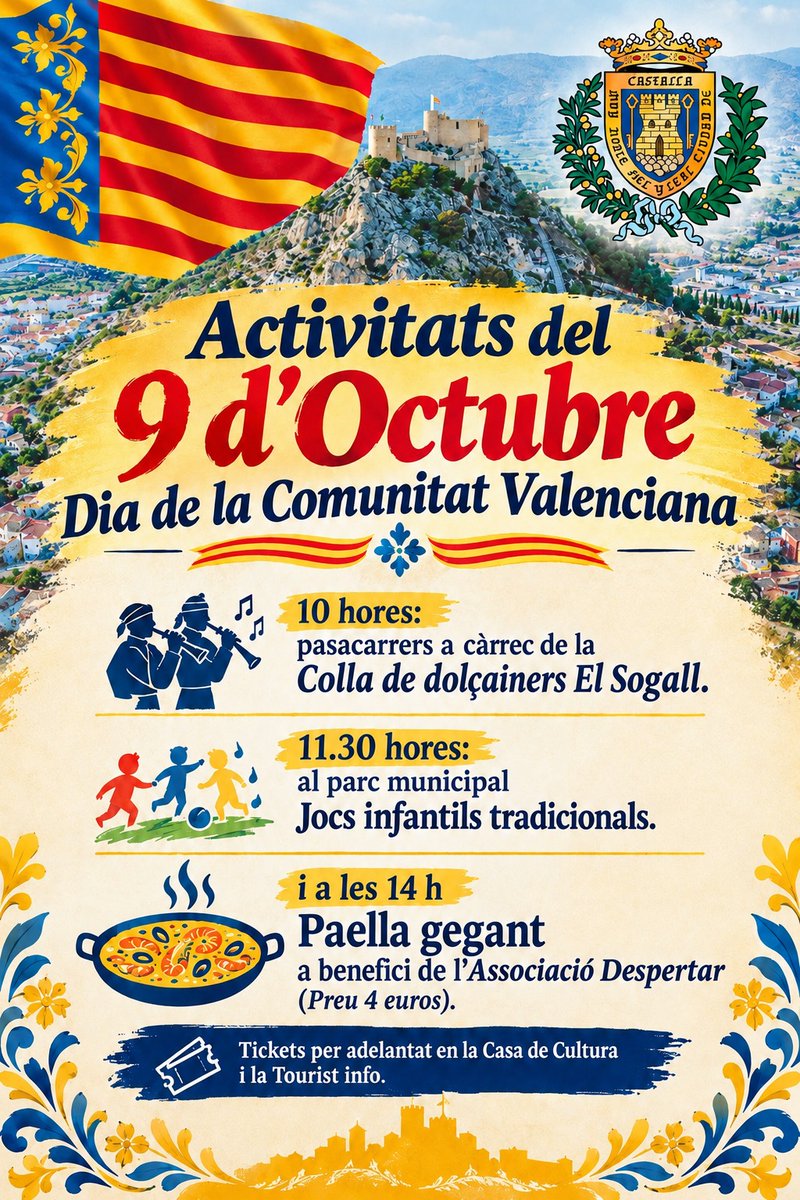 infoCastalla's tweet photo. 🔴🔵👉  #Castalla conmemora el 9 d’Octubre con una jornada de actividades para todos los públicos

✅ La programación incluye un pasacalles de dolçainers, juegos infantiles tradicionales y una paella gigante a beneficio de la Asociación Despertar

©📸https://t.co/e3sRBUEXe7 ® https://t.co/Yc1IqNVwyb