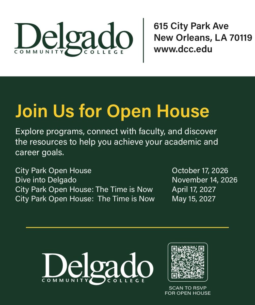 delgadocc's tweet photo. Join us for Open House at Delgado Community College! 💚
Explore programs, connect with faculty, and discover the resources to help you achieve your academic and career goals!
Open House Dates:
October 17th
November 14th
April 17th
May 15th https://t.co/JYRL7Kuz8u