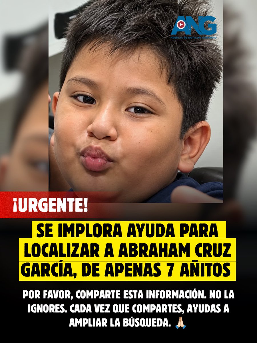 ANoticiasGro's tweet photo. 🚨 #URGENTE | SE IMPLORA AYUDA PARA LOCALIZAR A ABRAHAM CRUZ GARCÍA, DE APENAS 7 AÑITOS 
https://t.co/tfc9ohM7kD https://t.co/zXwSVeOTfs