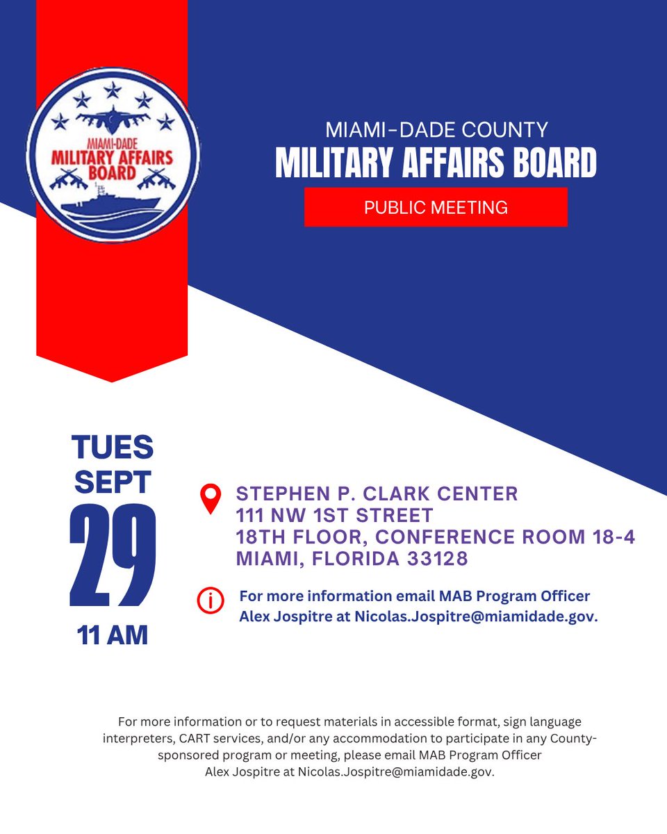 EngagementMDC's tweet photo. Be apart of the discussion — join us for the Miami-Dade County Military Affairs Board’s Monthly Public Meeting. #MiamiDade #PublicMeeting https://t.co/rRrweAOoOF
