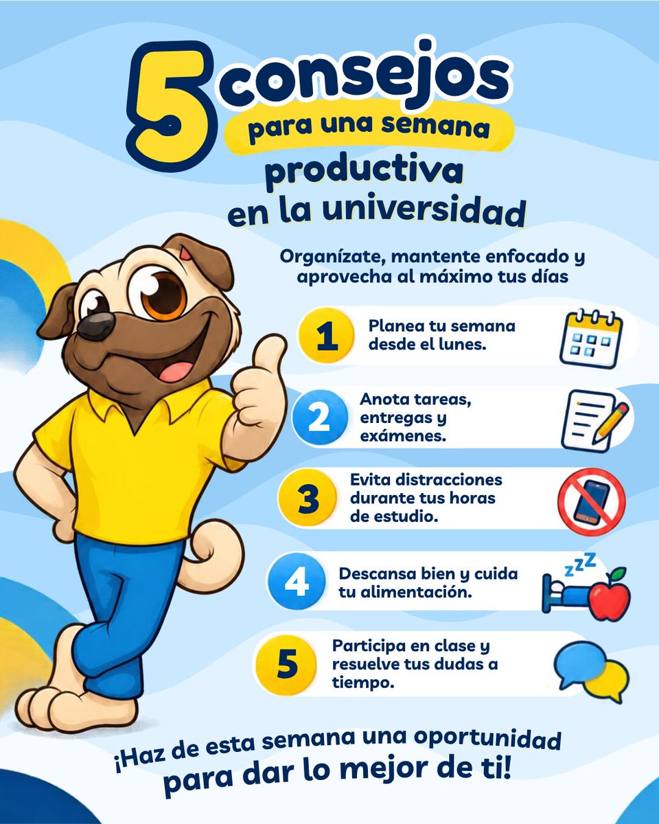 Uphmdifusion's tweet photo. 🐾📚 5 consejos para una semana más productiva en la universidad:
Organízate, enfócate, descansa bien y participa en clase. Cada pequeño hábito te acerca a tus metas. 💙💛
¡Haz que esta semana cuente! ✨
#UPHM #VidaUniversitaria #SemanaProductiva https://t.co/Ro93LmdJfi