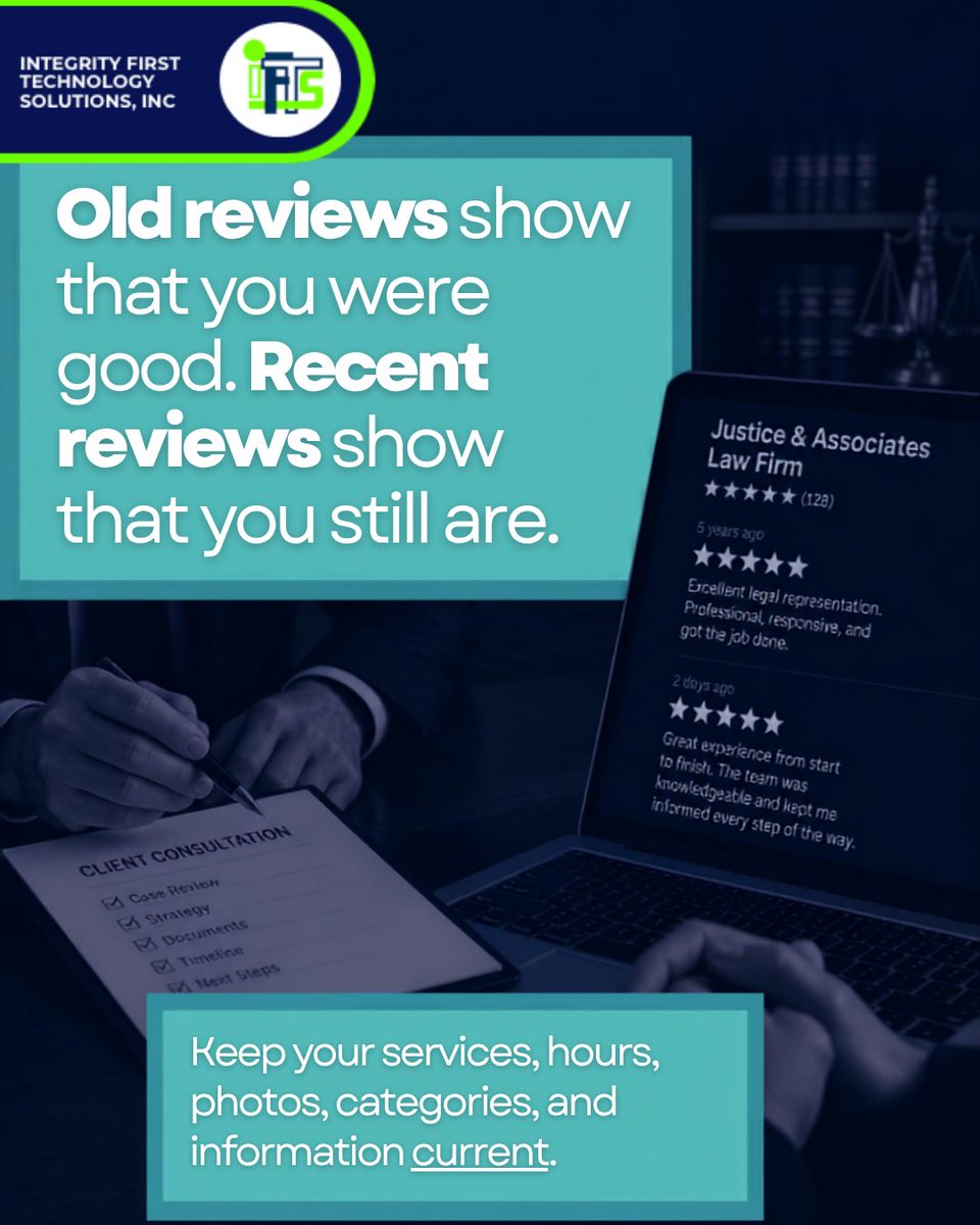 IFTSDesign's tweet photo. A 5-star review from years ago doesn't answer the same question as one from last week. Read why review recency matters: https://t.co/6k1zmDhVTU #GoogleReviews #LawFirmMarketing https://t.co/cUyCnQBC72