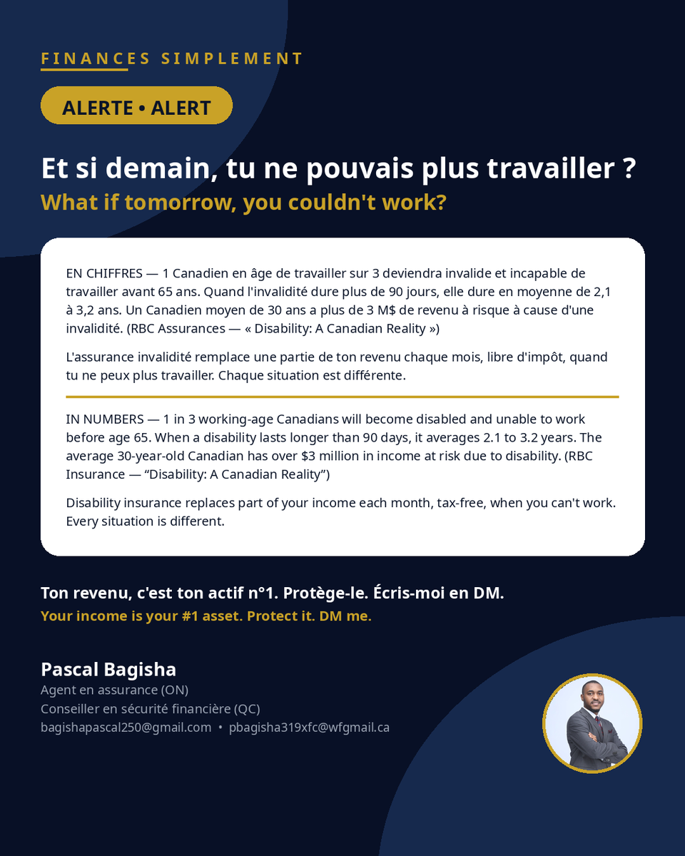 bagishapascal's tweet photo. Et si demain, tu ne pouvais plus travailler ? 1 Canadien sur 3 en âge de travailler deviendra invalide avant 65 ans. Ton revenu, c'est ton actif n°1 — protège-le. 💬 Écris-moi en DM si tu veux en parler. https://t.co/nrmbfcAIGl