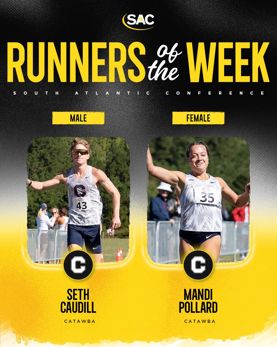 SAC_Athletics's tweet photo. 🏃 SAC Cross Country Runners of the Week

It's a clean sweep for @CatawbaIndians!

👟 Male — Seth Caudill
👟 Female — Mandi Pollard https://t.co/V4IFS8TH9H