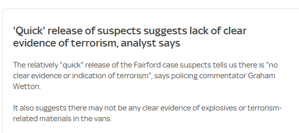 lookner's tweet photo. Sky News: "The relatively 'quick' release of the Fairford case suspects tells us there is 'no clear evidence or indication of terrorism', says policing commentator Graham Wetton. It also suggests there may not be any clear evidence of explosives or terrorism-related materials in the vans."
https://t.co/7irBIfSPSR