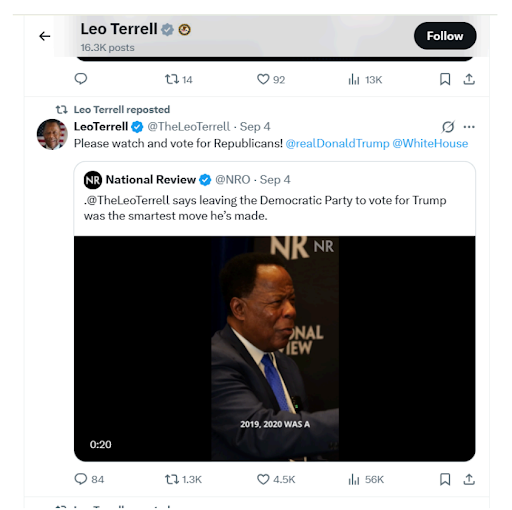CREWcrew's tweet photo. A senior DOJ official, Leo Terrell, posting repeatedly on social media advocating for the success or failure of a candidate for partisan office or political party: https://t.co/5rVwMea6hi https://t.co/LuWGYietWZ