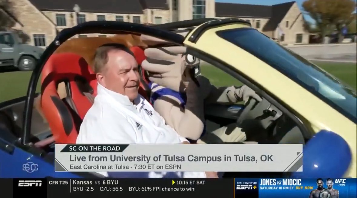 TJEckertKJRH's tweet photo. The last time ESPN came to TU for their pregame block party. 

If Tre Lamb doesn’t ride shotgun in a mini car with Gus T we riot. https://t.co/SoT9iFNzIp