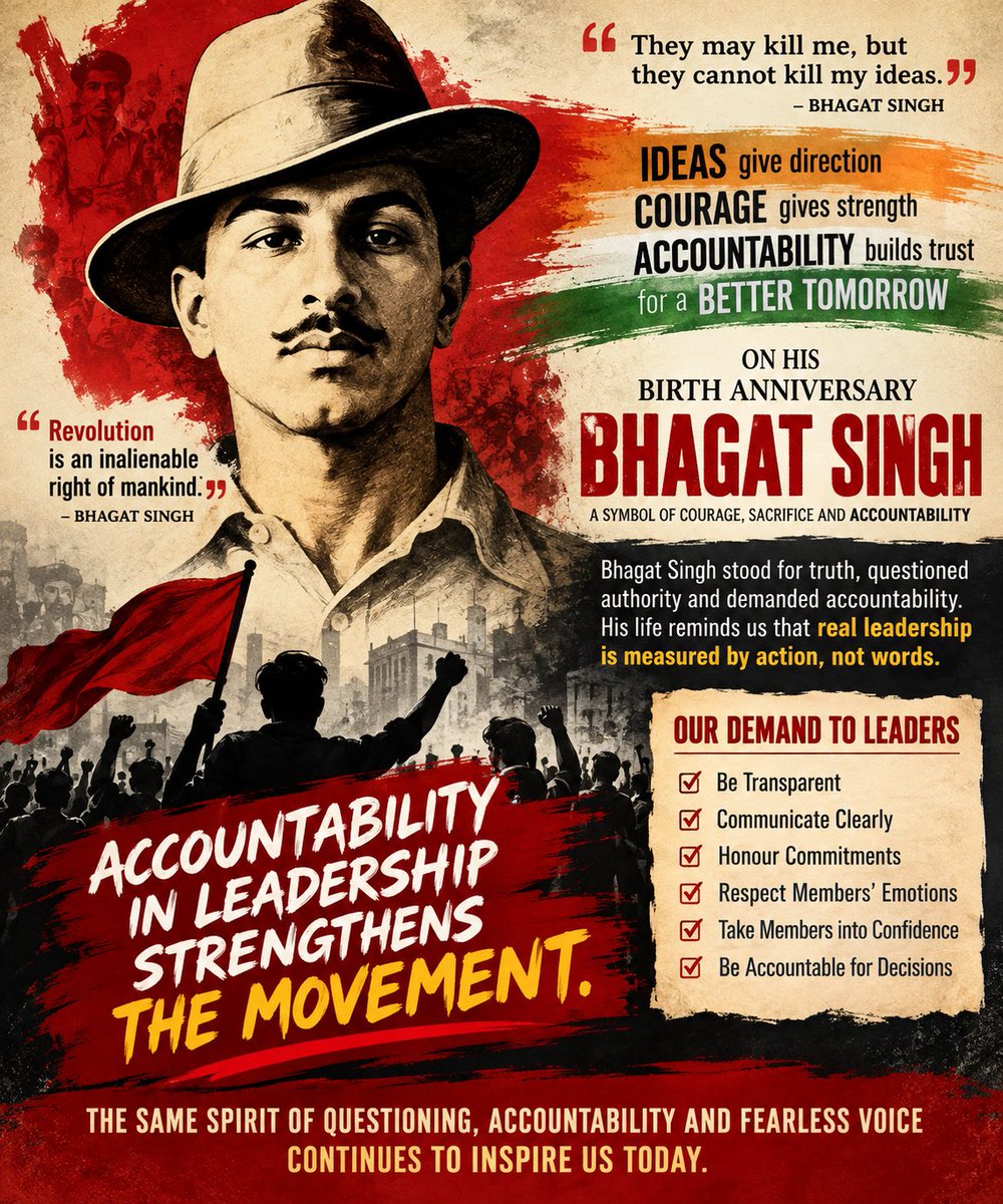KamaljitBOIOAOU's tweet photo. On the birth anniversary of Shaheed Bhagat Singh,let us remember that questioning is not disloyalty. it is responsibility. Leadership demands transparency. Commitments demand accountability. Members deserve answers. Let the truth be placed b4 the members. @aiboc_in @rupamsmail https://t.co/fwK5mTyI6C