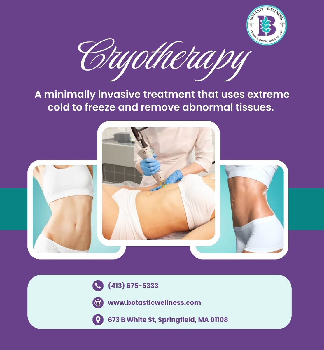 BotasticW's tweet photo. We’re excited to bring Cryotherapy to Botastic Wellness Center , offering a minimally invasive treatment that uses controlled extreme cold to target and remove abnormal tissues. Take a closer look at this new treatment option and contact us today to learn more!

#Cryotherapy https://t.co/ng6jvX94NL