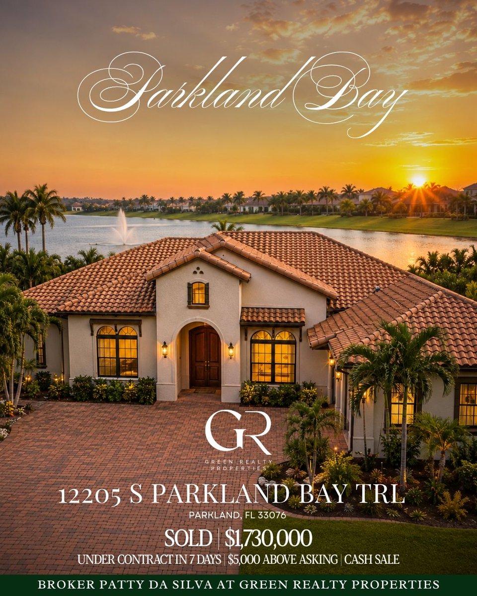 GreenRealtyFL's tweet photo. SOLD in Parkland Bay. 12205 S Parkland Bay Trail went under contract in 7 days and sold for $1,730,000, $5,000 above asking, in a cash sale.
#pattydasilvateam
#GreenRealtyProperties https://t.co/H7BTHMoAtI