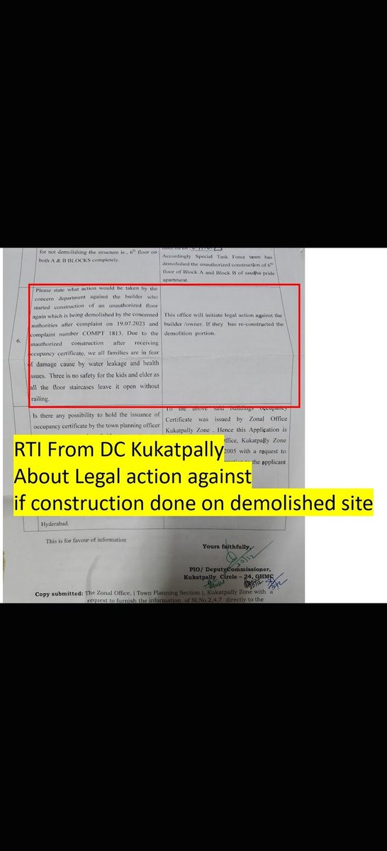 SathwikRedmviu's tweet photo. @CMC_Offcl @GummallaSrijana RTI states the Special Task Force will demolish the unauthorised construction if it continues. Then why was no action taken while it was being built? Despite repeated complaints, Town Planning remains silent. Shameful inaction. @DC_Kukatpally @GummallaSrijana FYI Mam. https://t.co/t8I4muea1q