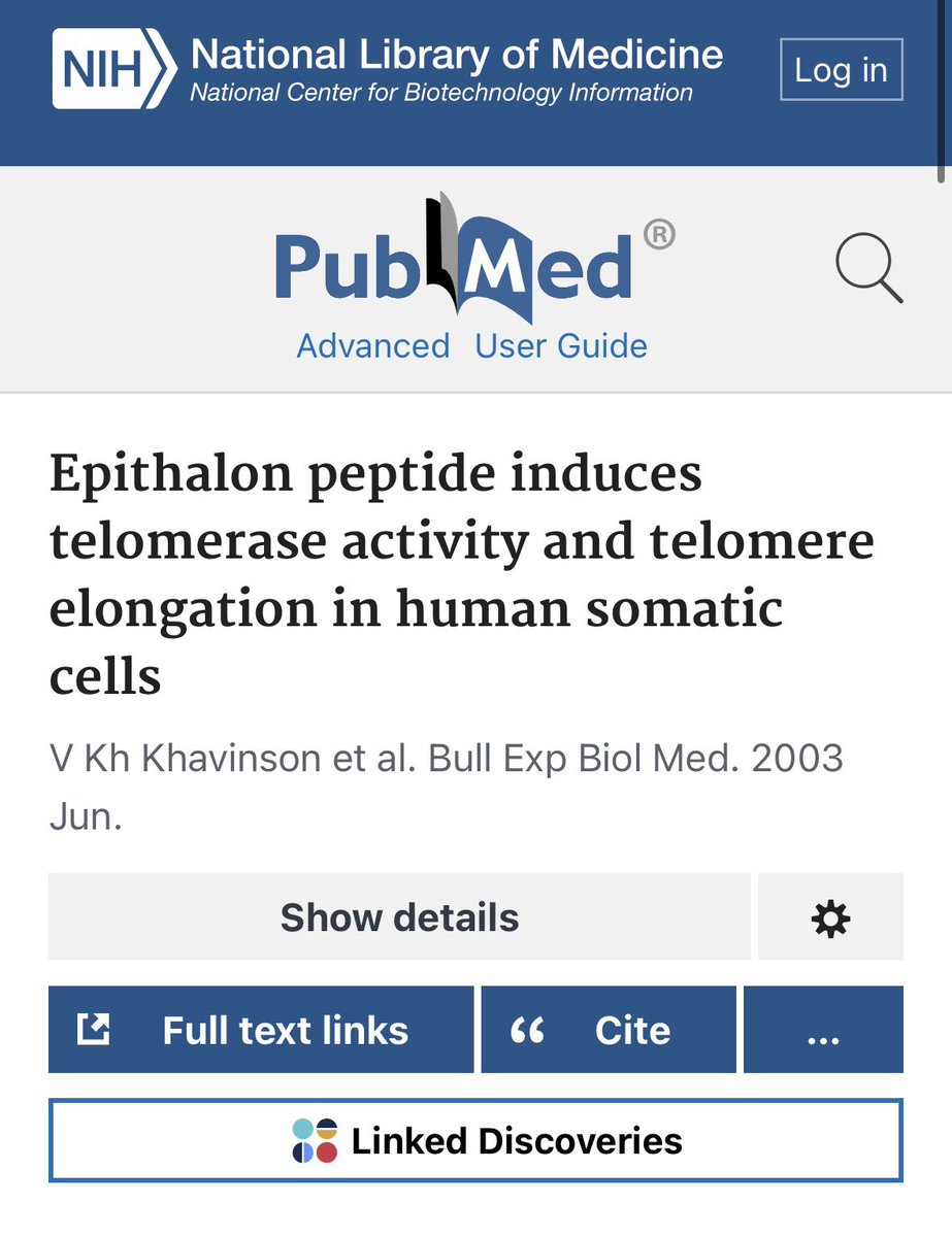HealthyAlfred's tweet photo. they followed 266 elderly patients for eight years.

the group that got a peptide from the pineal gland lived SIGNIFICANTLY longer.

it's called Epitalon. four amino acids.

it switches telomerase back on — the enzyme that rebuilds the ends of your chromosomes. your cells shut it off in childhood.

Epitalon turned it back on. the telomeres lengthened.

(PMID: 12937682)

almost all of it comes from one group in St Petersburg. huge claims, thin independent replication.

everything's in the replies ↓