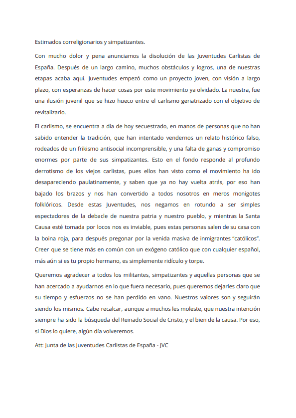 juvcarlistas's tweet photo. Comunicado sobre la disolución de las Juventudes Carlistas de España - JVC. Ante Dios nunca serás héroe anónimo. https://t.co/Ify1n7kqpa