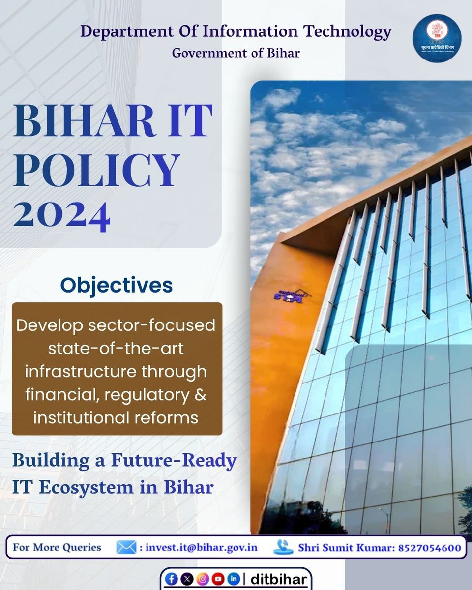 DitBihar's tweet photo. Bihar isn’t just preparing for the future :  Bihar is building it
With the Bihar IT Policy 2024, the focus is on creating a future-ready IT ecosystem with modern infrastructure, stronger institutions and a business friendly environment.

Because when Bihar grows digitally, opportunities grow with it.

@mishranitish
@AbhaySinghIAS
@stpiindia
@STPI_PATNA

#BiharITPolicy2024 #Bihar #DigitalBihar #FutureReadyBihar #ITinBihar