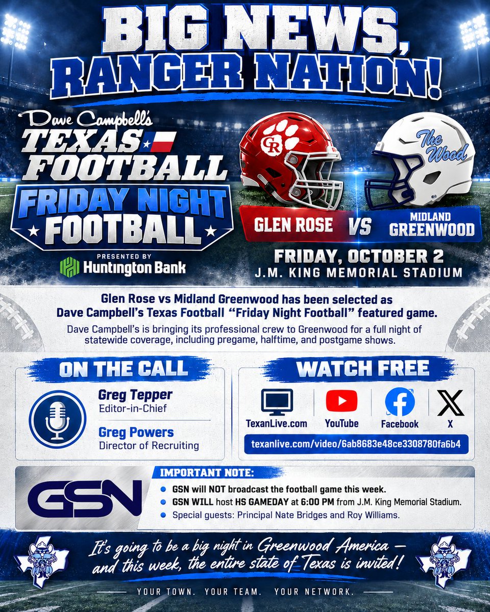 GreenwoodAth's tweet photo. BIG NEWS, RANGER NATION!

This Friday’s Greenwood vs. Glen Rose game has been selected as Dave Campbell’s Texas Football’s (@dctf)  featured Friday Night Football matchup! Their crew is coming to J.M. King Memorial Stadium for a statewide broadcast with Greg Tepper (@Tepper)  and Greg Powers (@GPowersScout)  on the call, plus pregame, halftime, and postgame coverage.

The game will stream FREE on Dave Campbell’s platforms:

YouTube: https://t.co/nAOhBlltdk
Facebook: https://t.co/M5Ub6FIY0H
X: https://t.co/objd7RQITf
Texan Live: https://t.co/HYY71tLvDp

GSN will NOT broadcast the game this week, but we’ll still be live at 6:00 PM with HS GAMEDAY! Join Todd Jones and Josh Masonheimer for our pregame show featuring Greenwood High School Principal Nate Bridges and Permian football legend and former Dallas Cowboy Roy Williams. Watch it on GSN or on the stadium video board during warmups.

It’s going to be a big night in Greenwood America—and this week, the entire state of Texas is invited!

Greenwood vs. Glen Rose | Friday, October 2 | J.M. King Memorial Stadium

Your Town. Your Team. Your Network.
