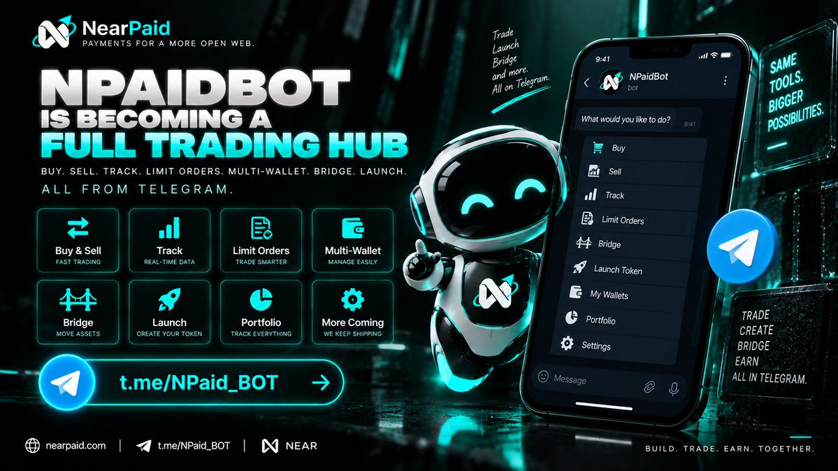 Nearpaid's tweet photo. NPAIDBOT IS BECOMING A FULL TRADING HUB 🤖
Buy. Sell. Track. Limit orders. Multi-wallet. Bridge. Launch.
All from Telegram.
And every new feature gives traders another reason to stay inside the NearPaid ecosystem.
https://t.co/qpHqTTKwEe
#launchpad #near $NPAID @NEARProtocol https://t.co/s5miDMxBQF