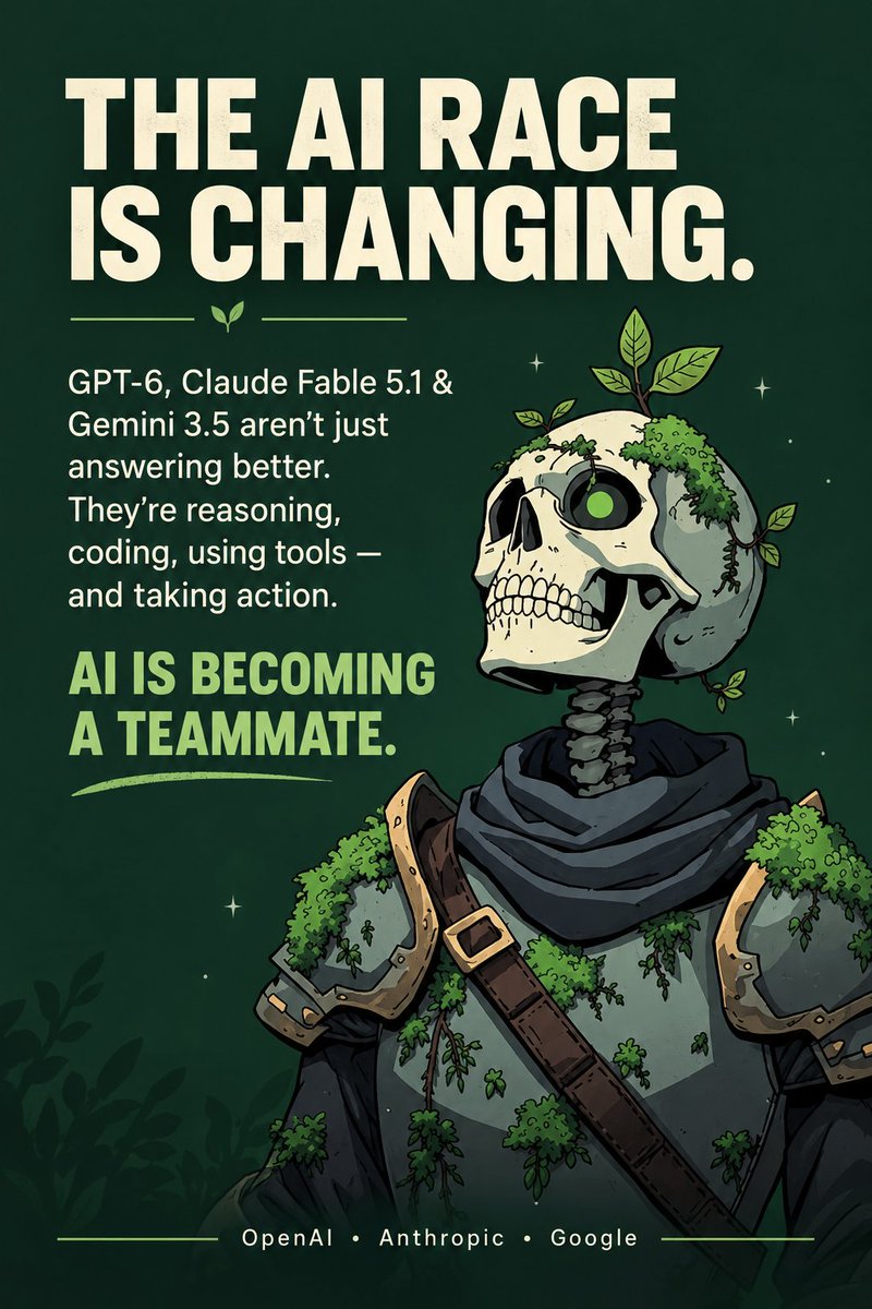 Grand_father007's tweet photo. The AI race is changing⏳

GPT-6, Claude Fable 5.1 and Gemini 3.5 aren’t just trying to answer better. They’re getting better at reasoning, coding, using tools and taking action.

The real shift? AI is becoming a teammate. 🤖

OpenAI, Anthropic and Google have all described their latest models as increasingly capable of reasoning, coding, tool use and agentic tasks.
This one has a stronger “stop scrolling” angle without sounding like AI-generated hype.🚀

#AI #ArtificialIntelligence #AIAgents #FutureOfAI #TechTrends