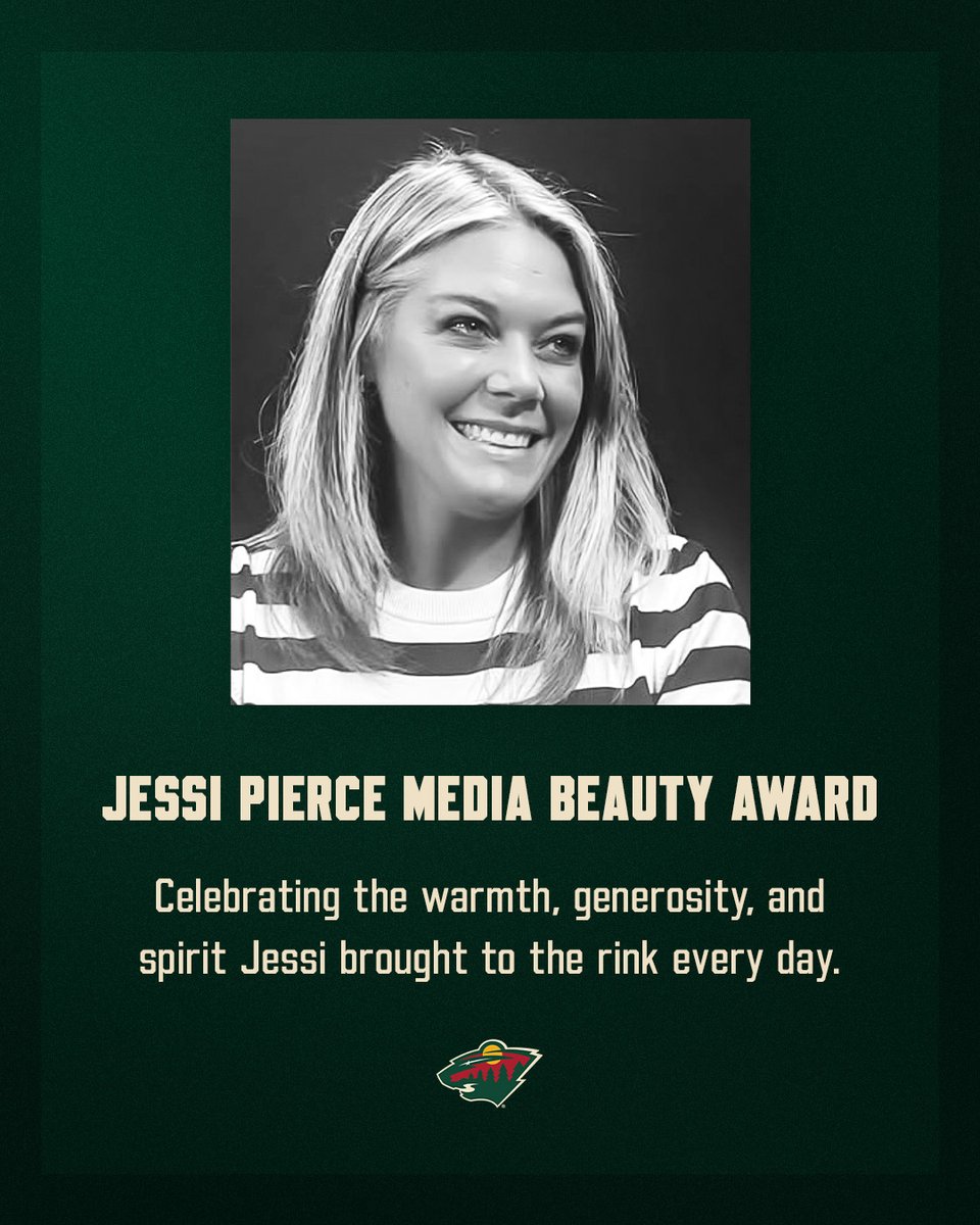 GinoHard_'s tweet photo. The Minnesota Wild and local reporters have announced the creation of the Jessi Pierce Media Beauty Award 💚

The annual award will honor Jessi and her three children, Hudson, Cayden and Avery, while recognizing the Wild player who best exemplifies professionalism, accessibility and respect with local media 👏