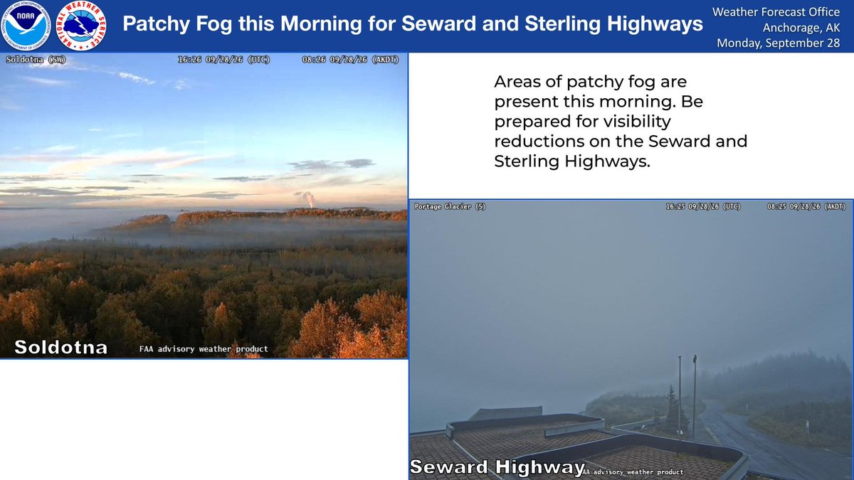 NWSAnchorage's tweet photo. Areas of patchy fog are present this morning. Be prepared for visibility reductions on the Seward and Sterling Highways. #akwx https://t.co/80lcwoJ0EW