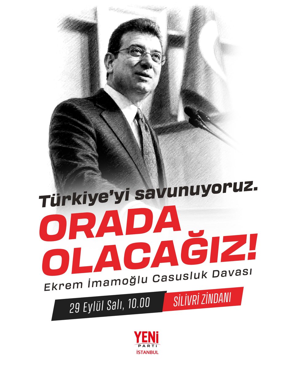 ozgurcelik1919's tweet photo. Orada olacağız!

Cumhurbaşkanı adayımız Ekrem İmamoğlu'nun, tarihimizin en gülünç iddialarıyla yargılandığı casusluk davasını yerinde takip etmek, Cumhuriyetimizi ve Türkiye’yi savunmak için buluşuyoruz. 

📆29 Eylül Salı
🕙10.00
📍Silivri Zindanı https://t.co/4Nu3geiWzc