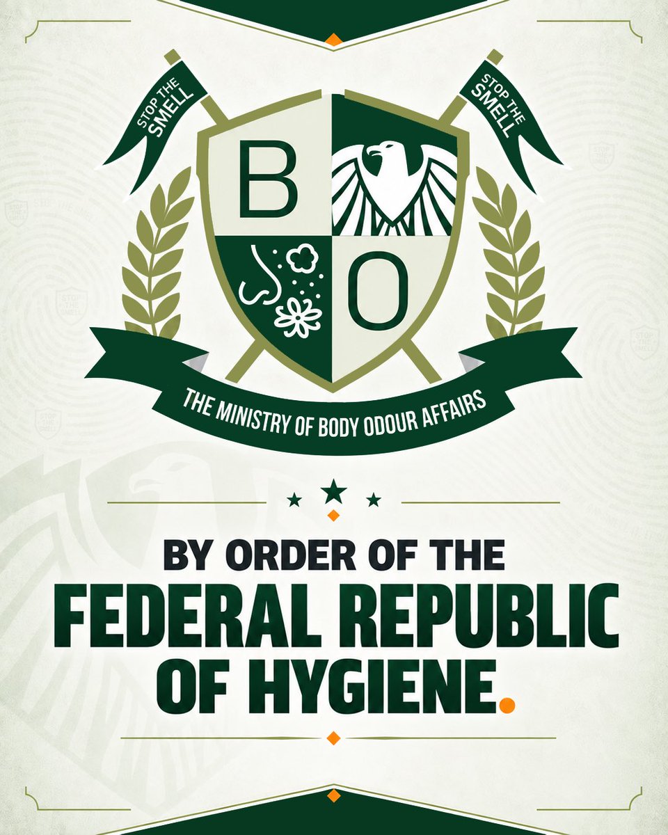 ministryofbo's tweet photo. The Ministry of Body Odour Affairs is officially active! 🚨

We are here to break the awkward silence, call out bad hygiene myths, and make sure your body language isn’t clearing out the room before you even speak.

Welcome to the movement.

Drop a 🫡 in the comments if you’re reporting for duty!

Follow us across our pages on TikTok and X @ministryofboaffairs 

#StopTheSmell #MBOAffairs