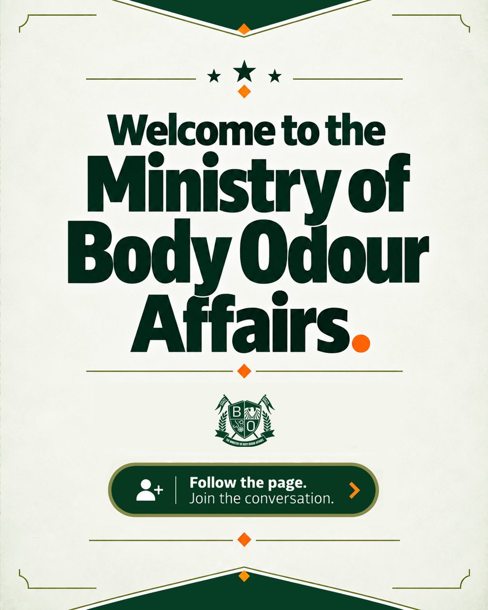 ministryofbo's tweet photo. The Ministry of Body Odour Affairs is officially active! 🚨

We are here to break the awkward silence, call out bad hygiene myths, and make sure your body language isn’t clearing out the room before you even speak.

Welcome to the movement.

Drop a 🫡 in the comments if you’re reporting for duty!

Follow us across our pages on TikTok and X @ministryofboaffairs 

#StopTheSmell #MBOAffairs