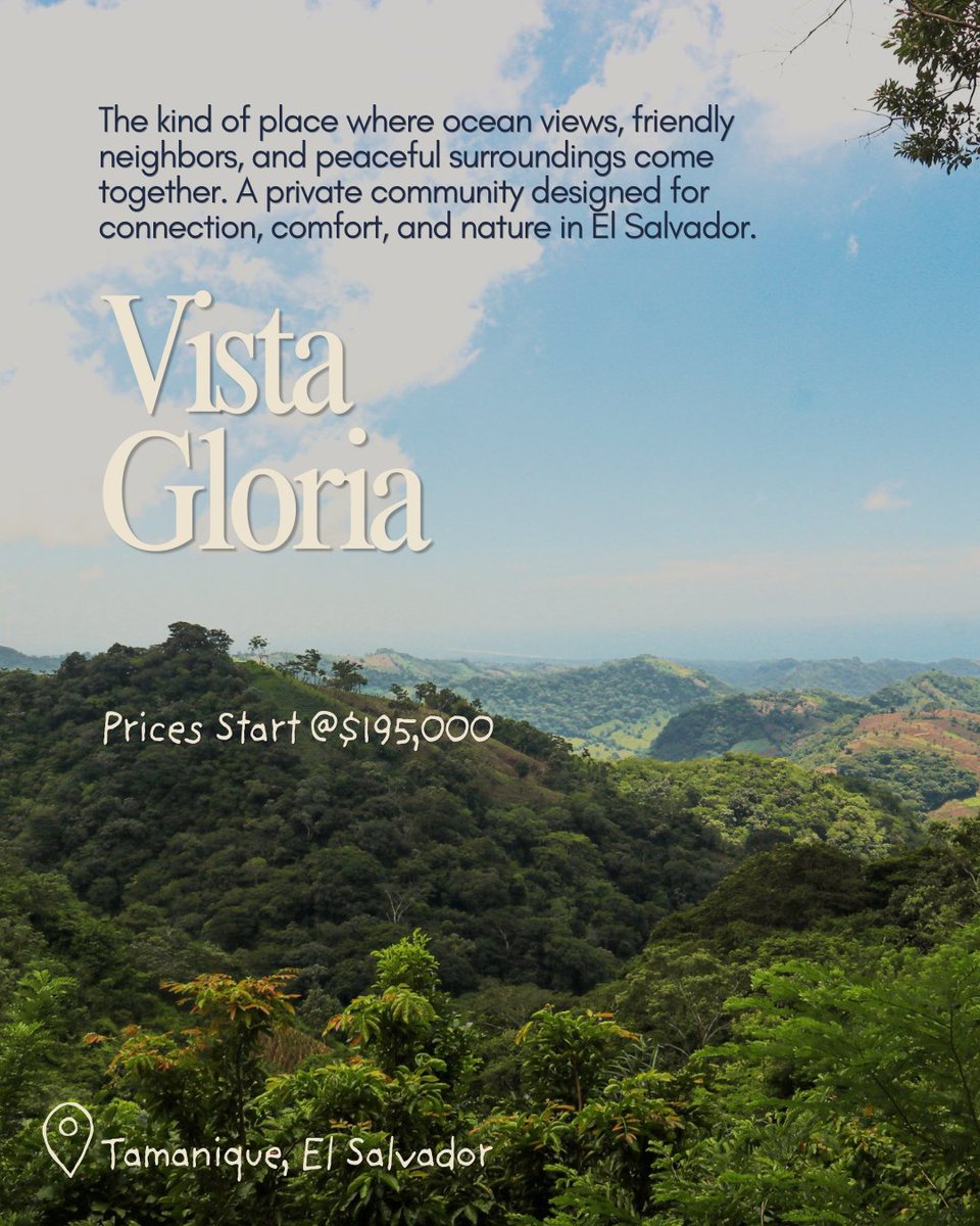 ClubCocal's tweet photo. At Club Cocal, we’re helping people discover communities built around lifestyle, nature, and long-term opportunity along El Salvador’s growing Pacific coast.

From ocean-view homesites to riverfront land and private hillside communities, each project offers something different.

Vista Gloria is designed for people who want views, privacy, and a strong sense of community.

Río Mar in Cangrejera offers homesites within walking distance of the beach, with interior lots and riverfront options available.

Shutia Sanctuary brings together hillside living, green space, fruit trees and a low-density community designed to preserve the land around it.

Whether you’re looking to build a full-time home, create a vacation property, invest in land, or simply find your place in El Salvador, our goal is to help you understand the areas, compare opportunities, and find the right fit.

If you’re considering buying property in El Salvador, we’d be happy to show you what’s available.

Comment “COMMUNITIES” or send us a message for more information on Vista Gloria, Río Mar, Shutia Sanctuary, and our other real estate opportunities across El Salvador.