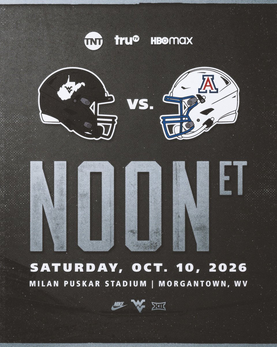 WVUfootball's tweet photo. 𝗚𝗮𝗺𝗲 𝗧𝗶𝗺𝗲 𝗔𝗻𝗻𝗼𝘂𝗻𝗰𝗲𝗺𝗲𝗻𝘁 🚨

Oct. 10 vs. Arizona | Noon ET | TNT/TruTV/ HBO Max

🗞️ https://t.co/eUsF2UIVnW
🎟️ https://t.co/Ekg9YizzIo https://t.co/KKQRwZhVbD