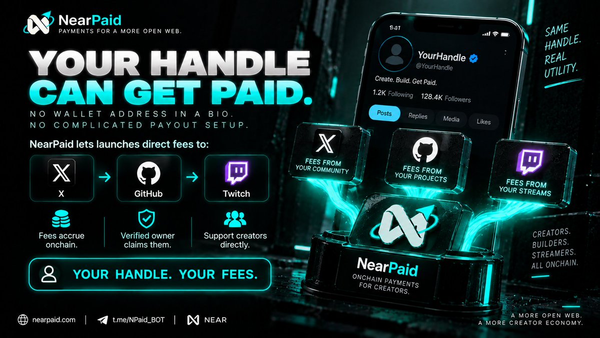 Nearpaid's tweet photo. YOUR HANDLE CAN GET PAID.
No wallet address in a bio. No complicated payout setup.
NearPaid lets launches direct fees to:
X → GitHub → Twitch
Fees accrue onchain.
The verified owner claims them.
Your handle. Your fees.
#launchpad #near $NPAID @NEARProtocol https://t.co/l9MMJMgfXl