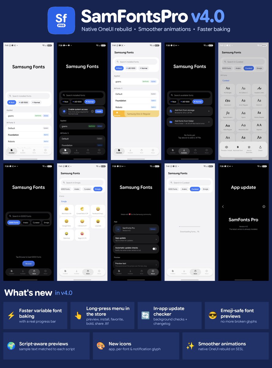 fahadalijaved's tweet photo. SamFontsPro V4.0 is coming 🔥

Rebuilt from scratch with a fully native OneUI look, and the SESL-powered animations feel so much smoother. 
Uploading shortly, here are some previews 👀

✨ What's new:
⚡ Faster variable font baking, now with a real progress bar
👆 Long-press any store font: preview, install, favorite, add bold, or share the .ttf
🔄 In-app update checker with changelog
😎 Emoji-safe previews that never break
🌍 Script-aware category previews
🎨 Brand new icon

and much much more!!!
Stay tuned  and checking Github link👇

#SamFontsPro #OneUI #Samsung #Android #Fonts